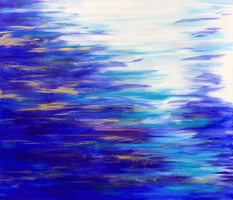Peinture abstraite paysage mer bleu océan abstrait acrylique or