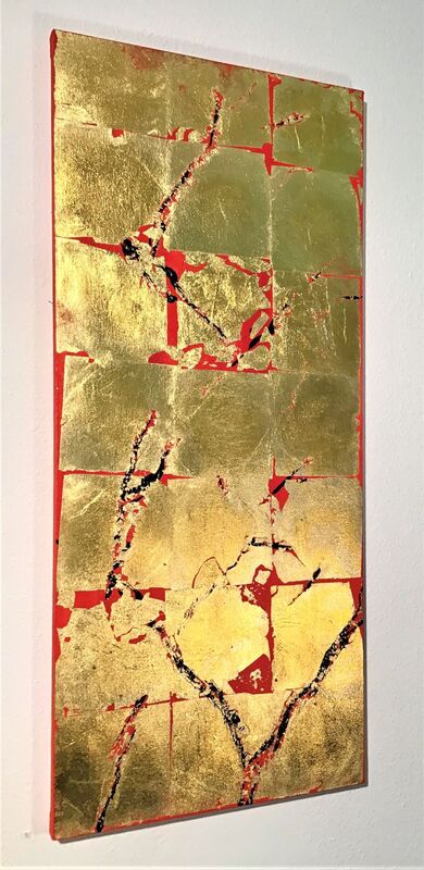 art abstrait peinture acrylique toile rouge feuille or laiton 