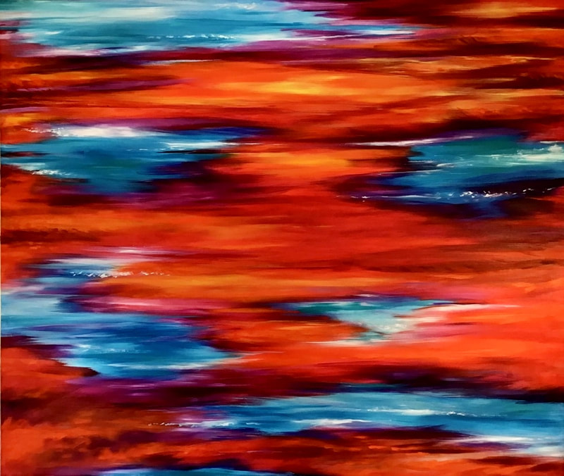 peinture abstraite paysage  ciel rouge bleu abstrait huile toile 