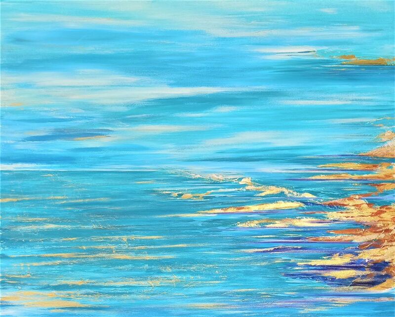 Peinture abstraite paysage mer bleu océan art abstrait acrylique toile ciel turquoise vert or marine