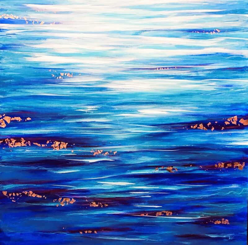 peinture abstraite paysage mer bleu océan art abstrait acrylique toile ciel feuilles cuivre
