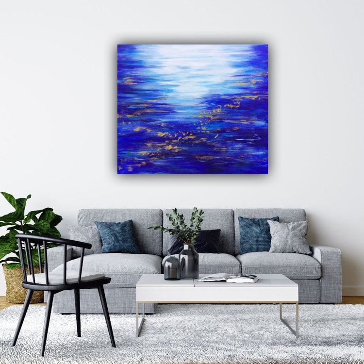 peinture abstraite paysage mer bleu océan art abstrait acrylique toile ciel turquoise bleu roi or