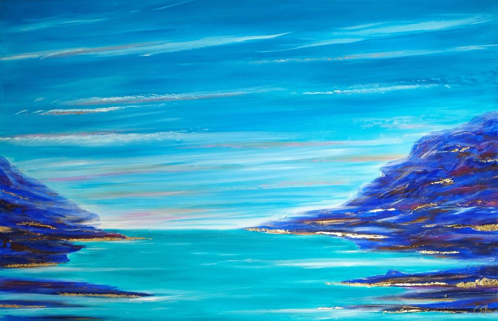 Peinture figurative paysage mer bleu océan art huile sur toile ciel turquoise rose orange or marine ciel feuille d'or