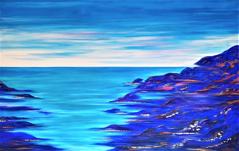 peinture figurative paysage mer bleu océan art huile sur toile ciel turquoise or laiton marine outremer cobalt