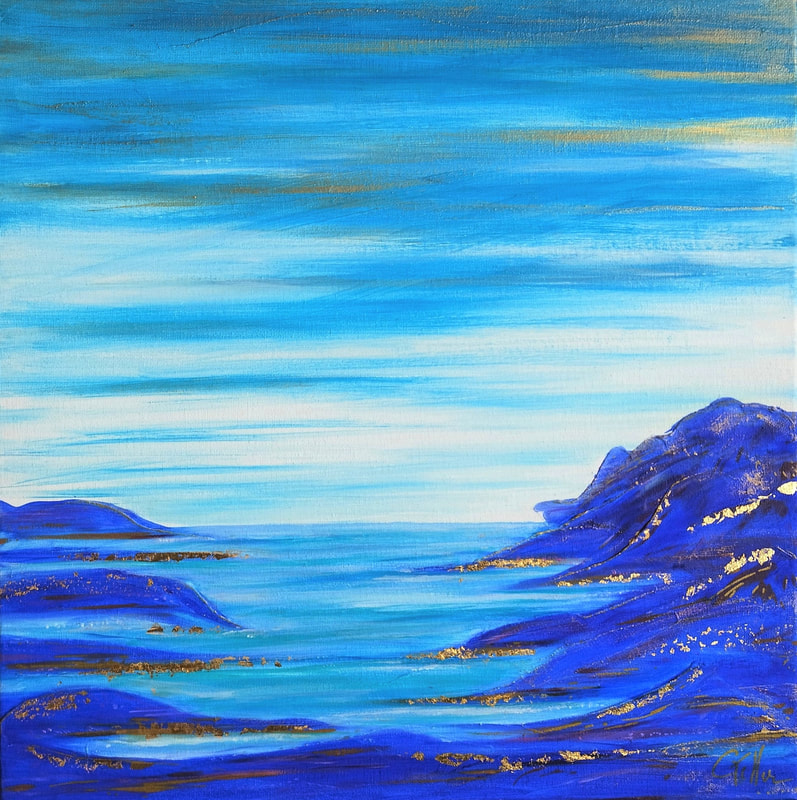 peinture figurative paysage mer bleu océan art huile sur toile ciel turquoise or marine outremer bleu roi feuille d'or