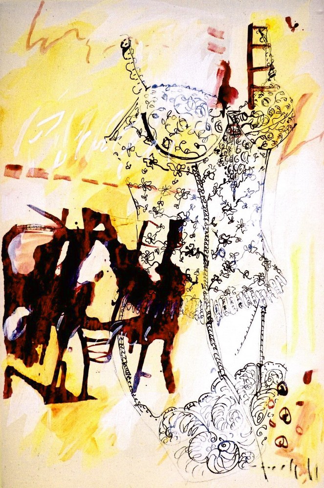 peinture figurative huile toile sensuelle abstraite gestuelle dessous féminins bordeaux jaune