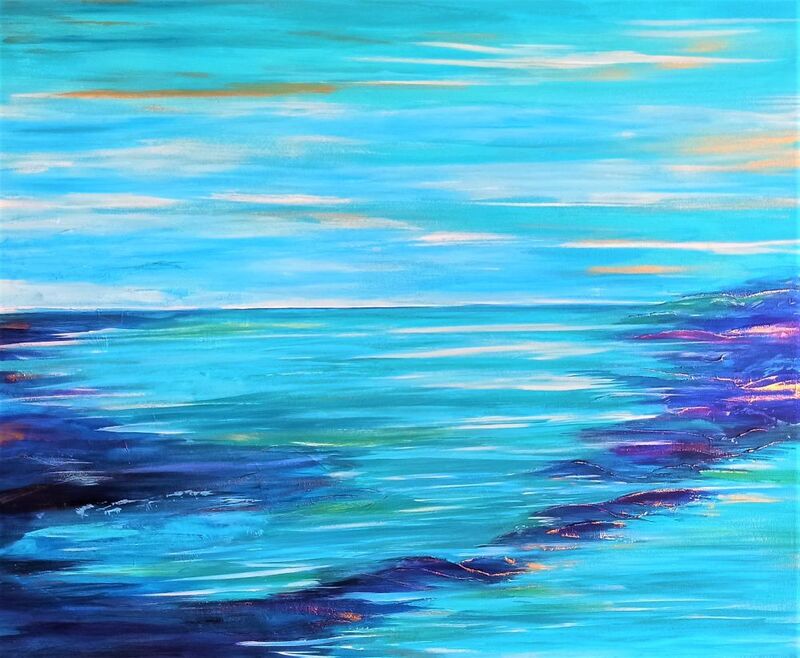 peinture abstraite paysage mer bleu océan art abstrait acrylique toile ciel turquoise vert or marine outremer cobalt