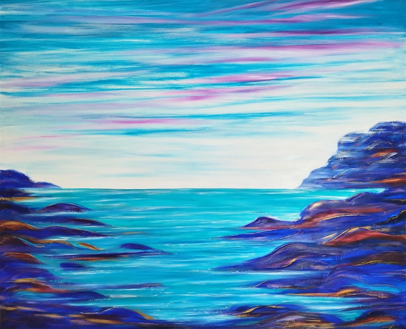Peinture figurative paysage mer bleu océan art huile sur toile ciel turquoise or marine outremer cobalt