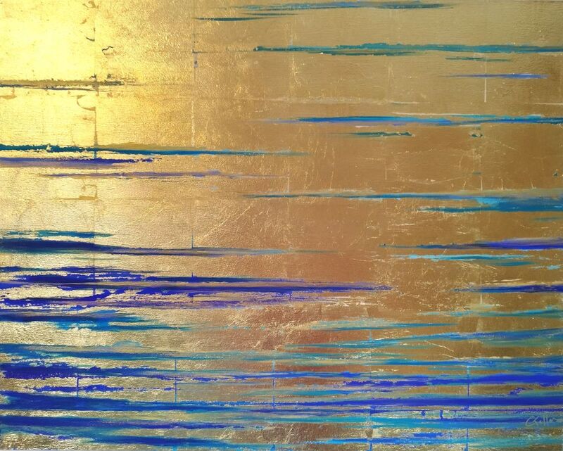 peinture abstraite paysage mer bleu océan art abstrait acrylique toile ciel turquoise vert or laiton