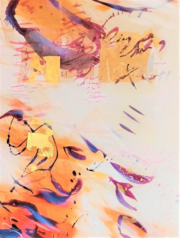 rouge orange violet toile peinture abstraite art abstrait ciel huile calligraphie feuille or estampe
