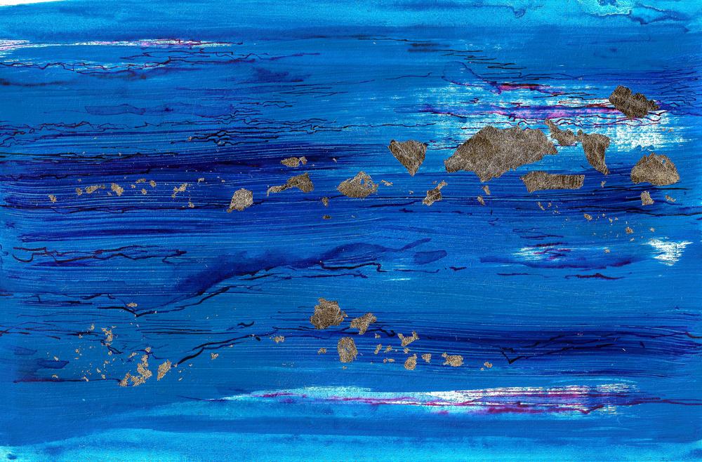 peinture abstraite  paysage mer bleu océan abstraite acrylique feuille d'or