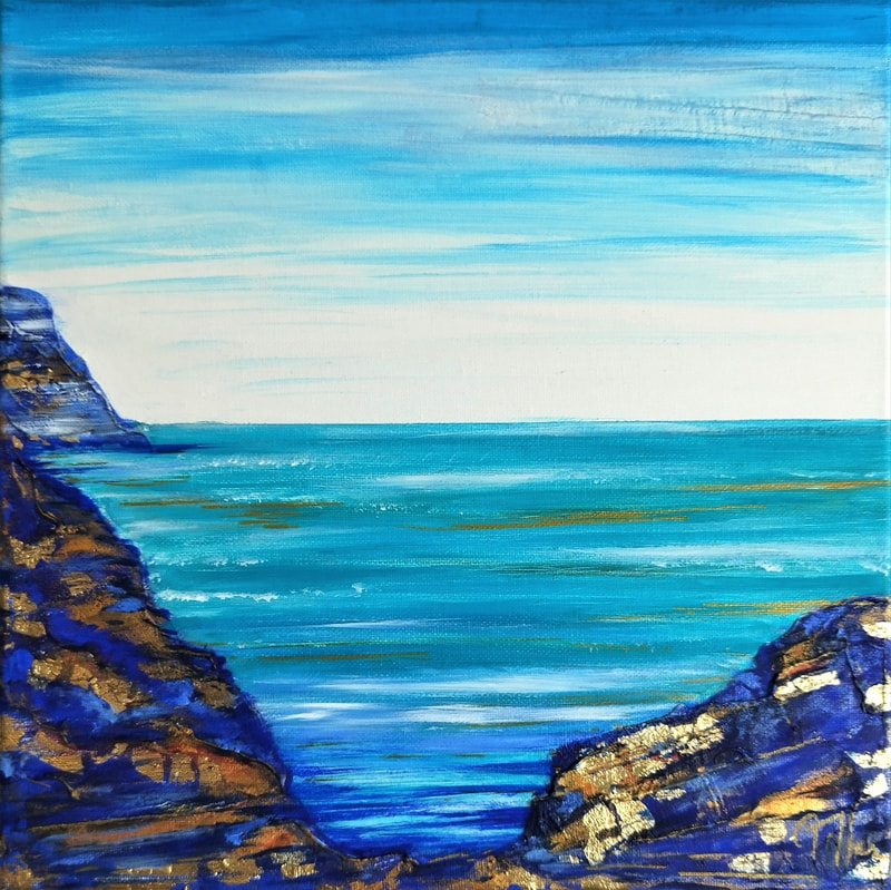 peinture figurative paysage mer bleu océan art huile sur toile ciel turquoise or laiton marine outremer cobalt