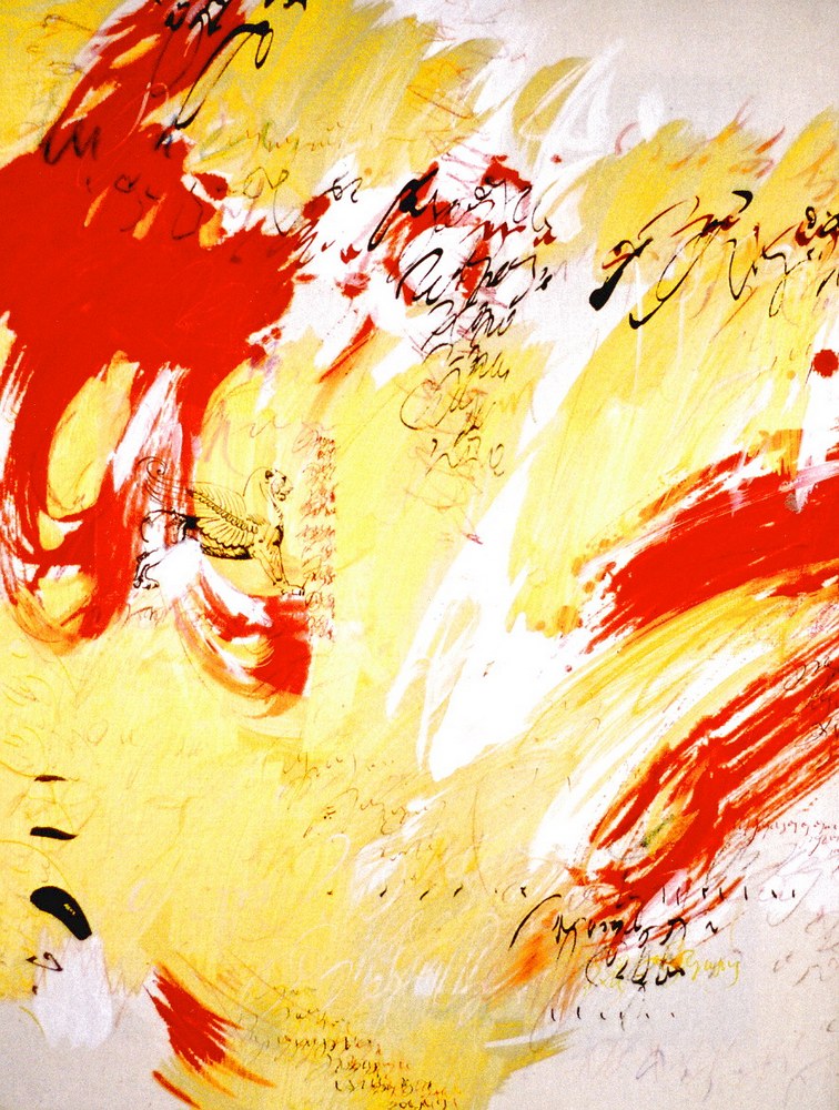rouge orange jaune or toile peinture gestuelle abstraite art abstrait huile feuille d'or