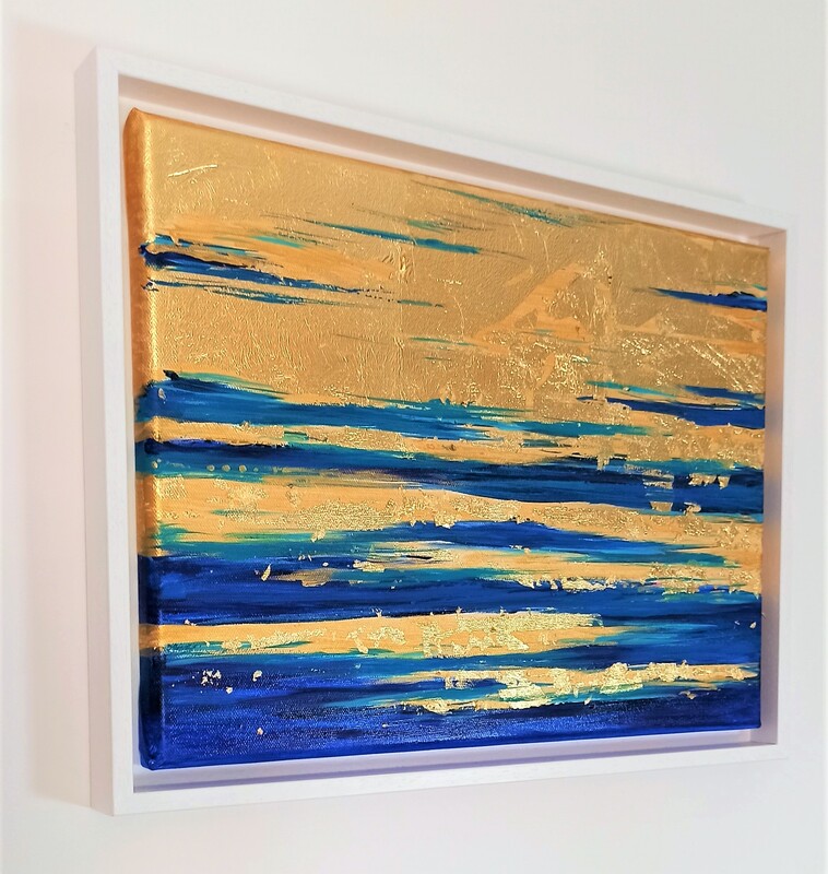 océan art abstrait acrylique toile ciel  bleu roi feuille or paysage mer marine