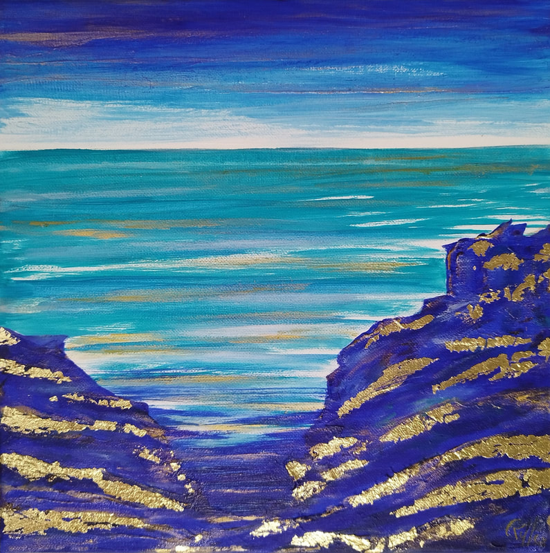 peinture figurative paysage mer bleu océan art huile sur toile ciel turquoise or  marine outremer cobalt