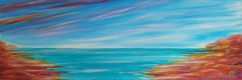 Peinture figurative paysage mer bleu océan art huile sur toile ciel turquoise or marine outremer rose