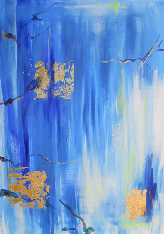 art abstrait peinture acrylique toile ciel bleu vert feuille or laiton paysage 