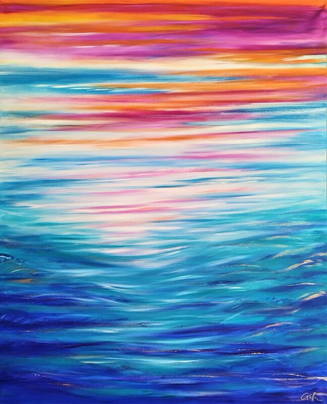 Peinture figurative paysage mer bleu océan art huile sur toile ciel turquoise or marine outremer cobalt couché de soleil orange rose