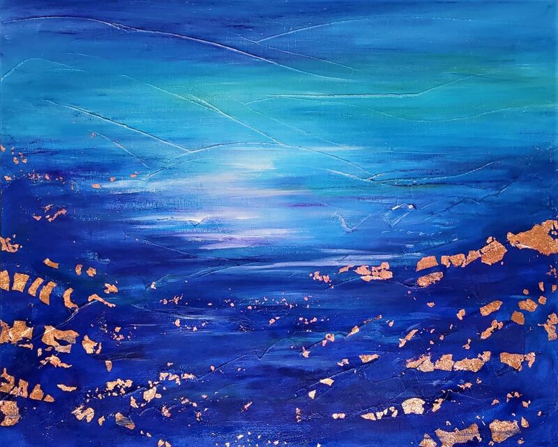 peinture abstraite paysage mer bleu océan art abstrait acrylique toile ciel turquoise feuilles cuivre