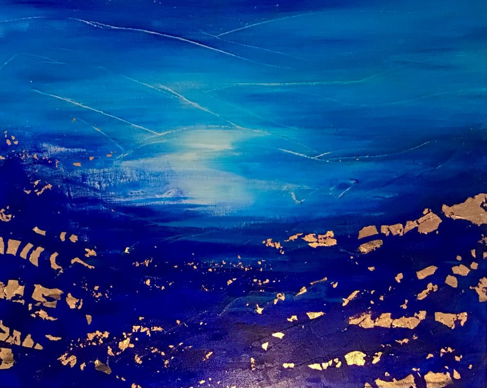 peinture abstraite paysage mer bleu océan art abstrait acrylique toile ciel turquoise feuilles cuivre