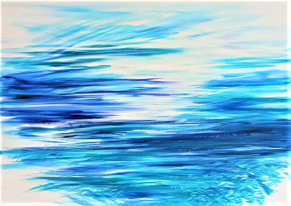 paysage mer bleu océan art abstrait acrylique toile ciel turquoise vert vague