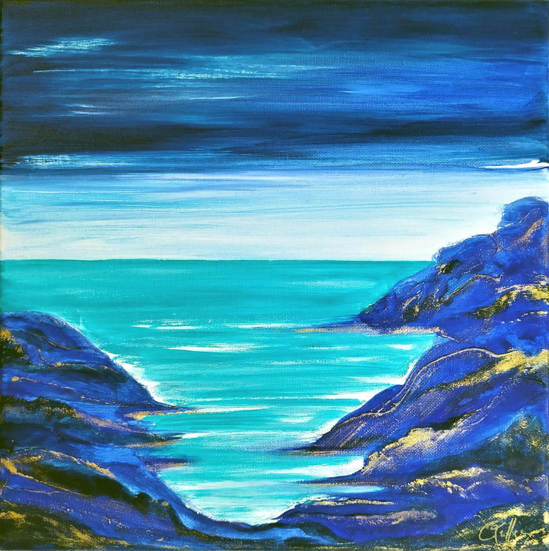 peinture figurative paysage mer bleu océan art huile sur toile ciel turquoise or marine outremer bleu roi