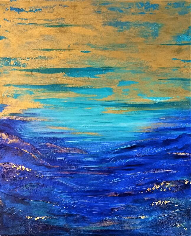 océan art abstrait acrylique toile ciel turquoise bleu roi or paysage