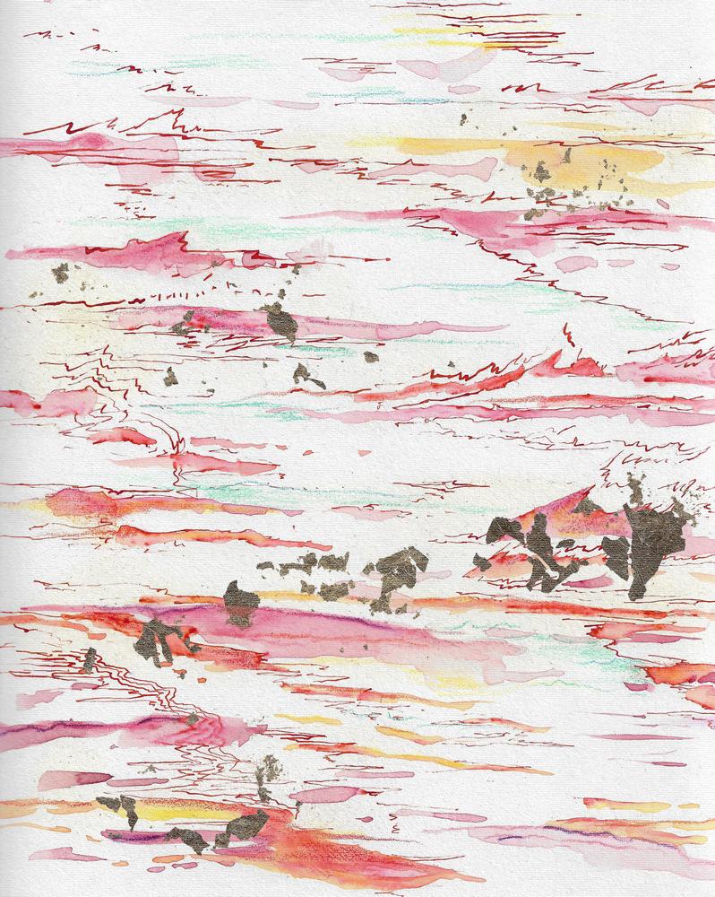 paysage rouge orange rose toile peinture abstraite art abstrait ciel mer huile calligraphie feuille or estampe