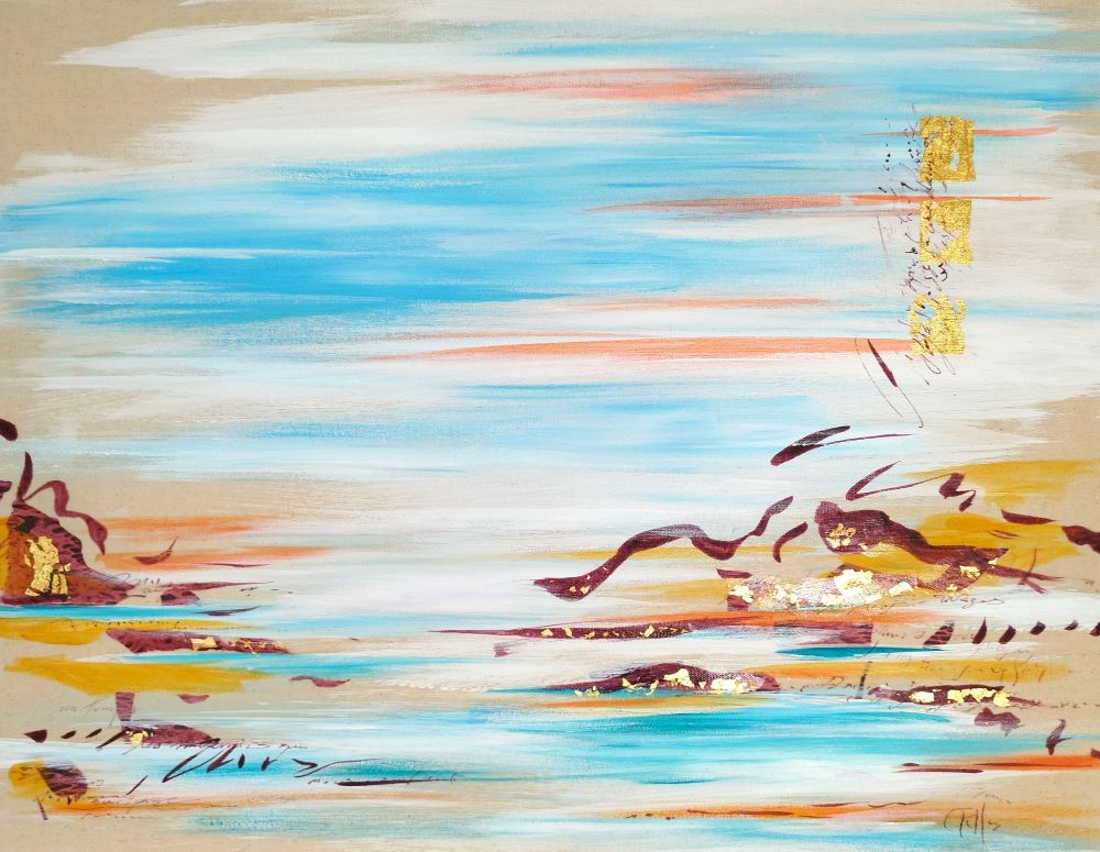 Paysage orange bleu bordeaux toile peinture paysage marine calligraphie feuille d'or estampe mer