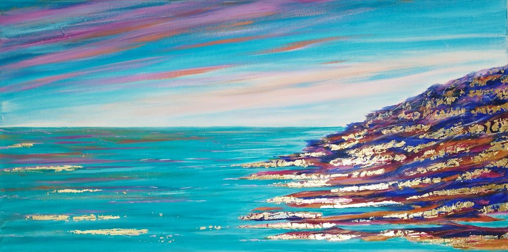 Peinture figurative paysage mer bleu océan art huile sur toile ciel turquoise rose orange or marine ciel feuille d'or