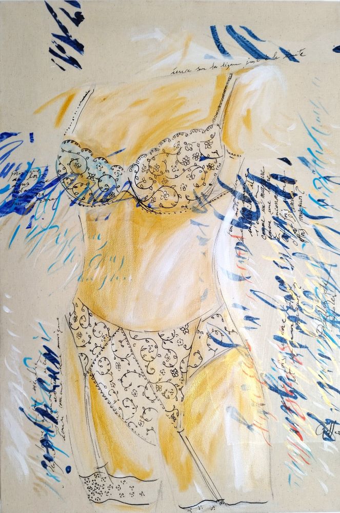 toile peinture nu lingerie dessous féminins bleu or 